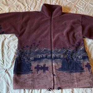 Women’s Maroon Teddy Jacket with Scenic Navy Print